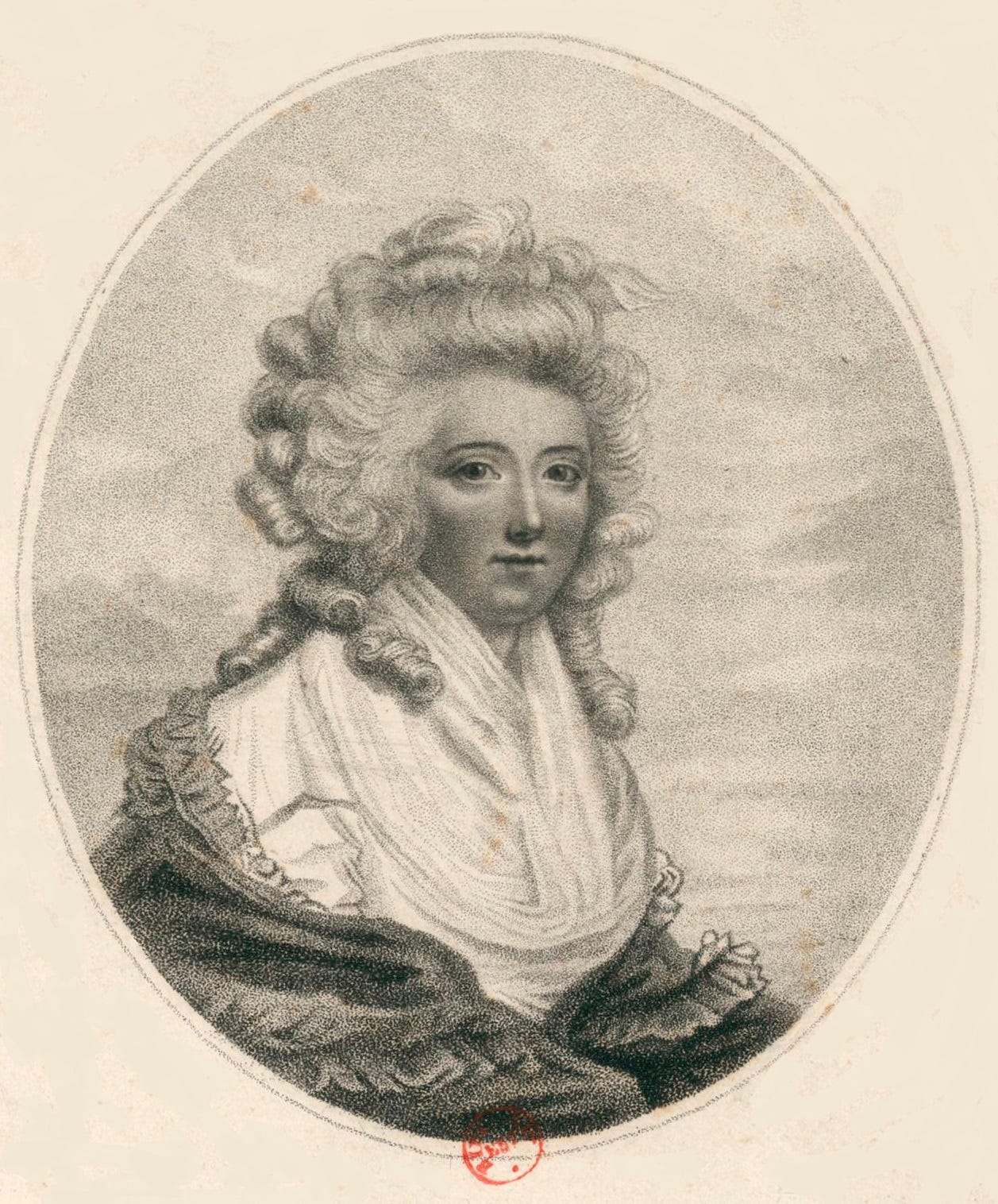 An illustration of Lorenza Seraphina Feliciani, a young white European woman with long, curly hair.