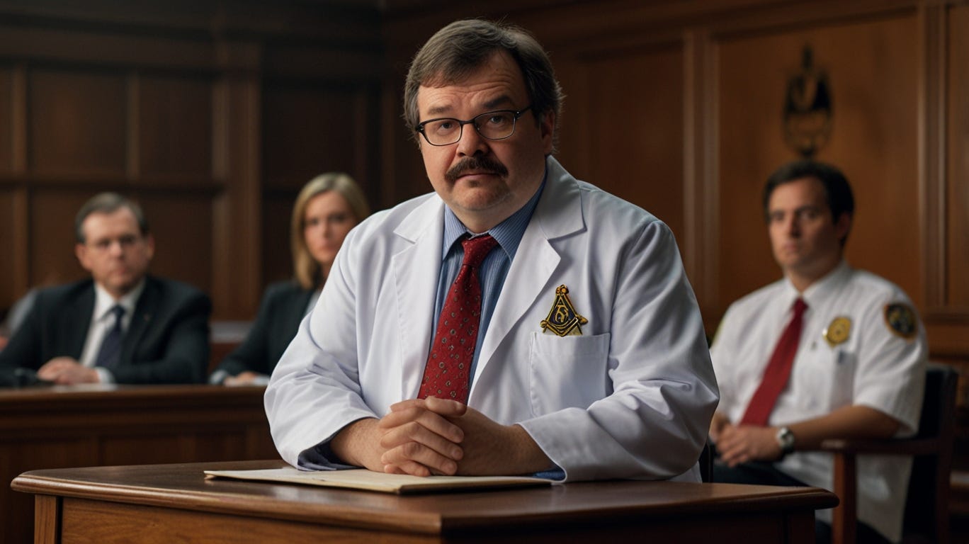 a person resembling Peter Hotez wearing a lab coat with a freemasonry logo sitting in the witness dock as the defendant in a law court with a prosecutor and jury and a public crowd.