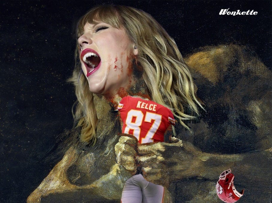 Taylor Swift's face superimposed onto Goya's 'Saturn devours his son', the lifeless body in the monter's hands is a headless figure with the name and uniform number of Travis Kelce. An empty football helmet lies askew at the bottom 