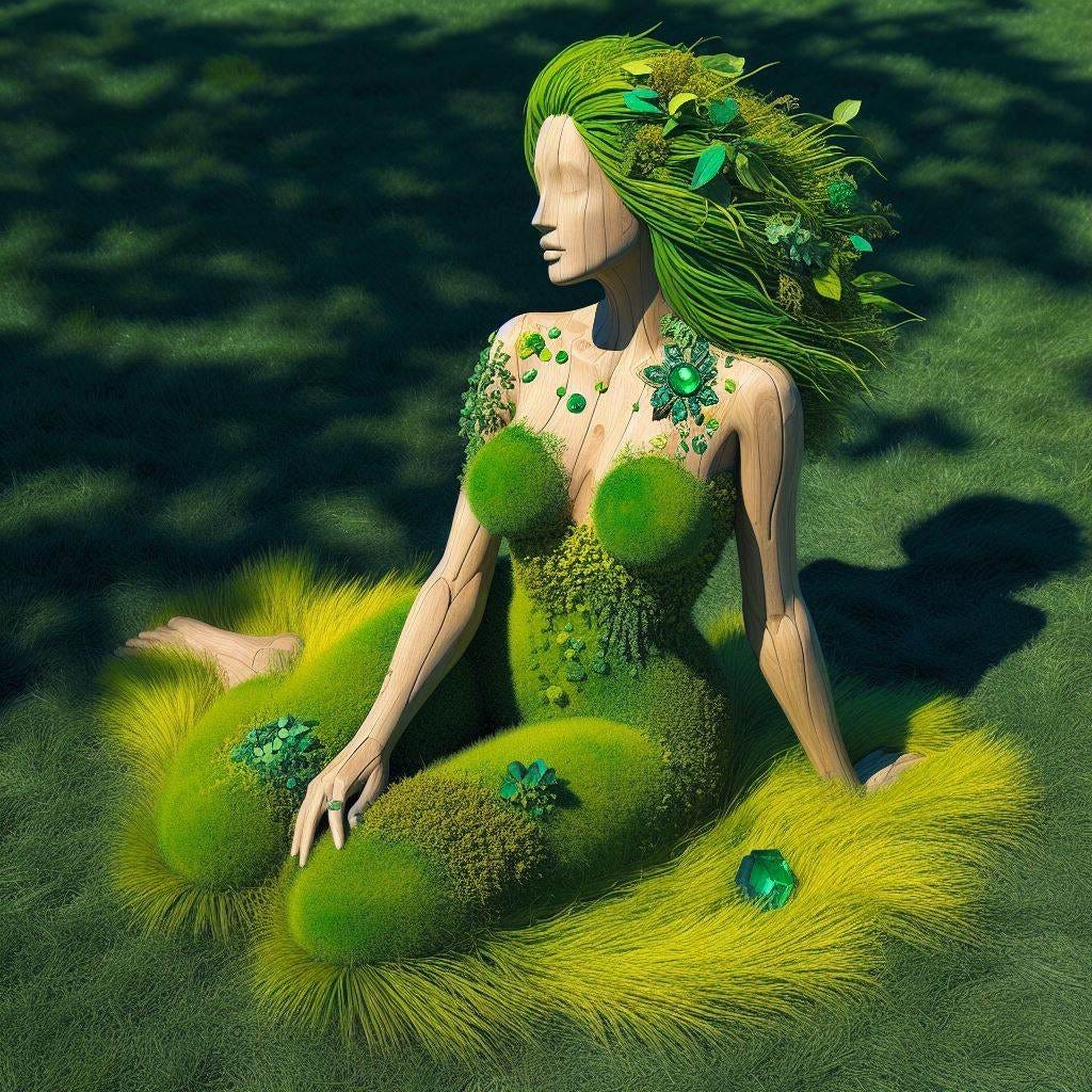 Hyper realistic wooden statue of woman in sitting in green dress made of grass in grass. Grassy earth with woman, made of grass.She is one with the ground. Grass is chartrues and mint green and naples yellow, vibrant yellow. green crystal broach on her dress. She is becoming a tree and casting a shadow of leaves.. Sunny day. Ethereal . Luminescent