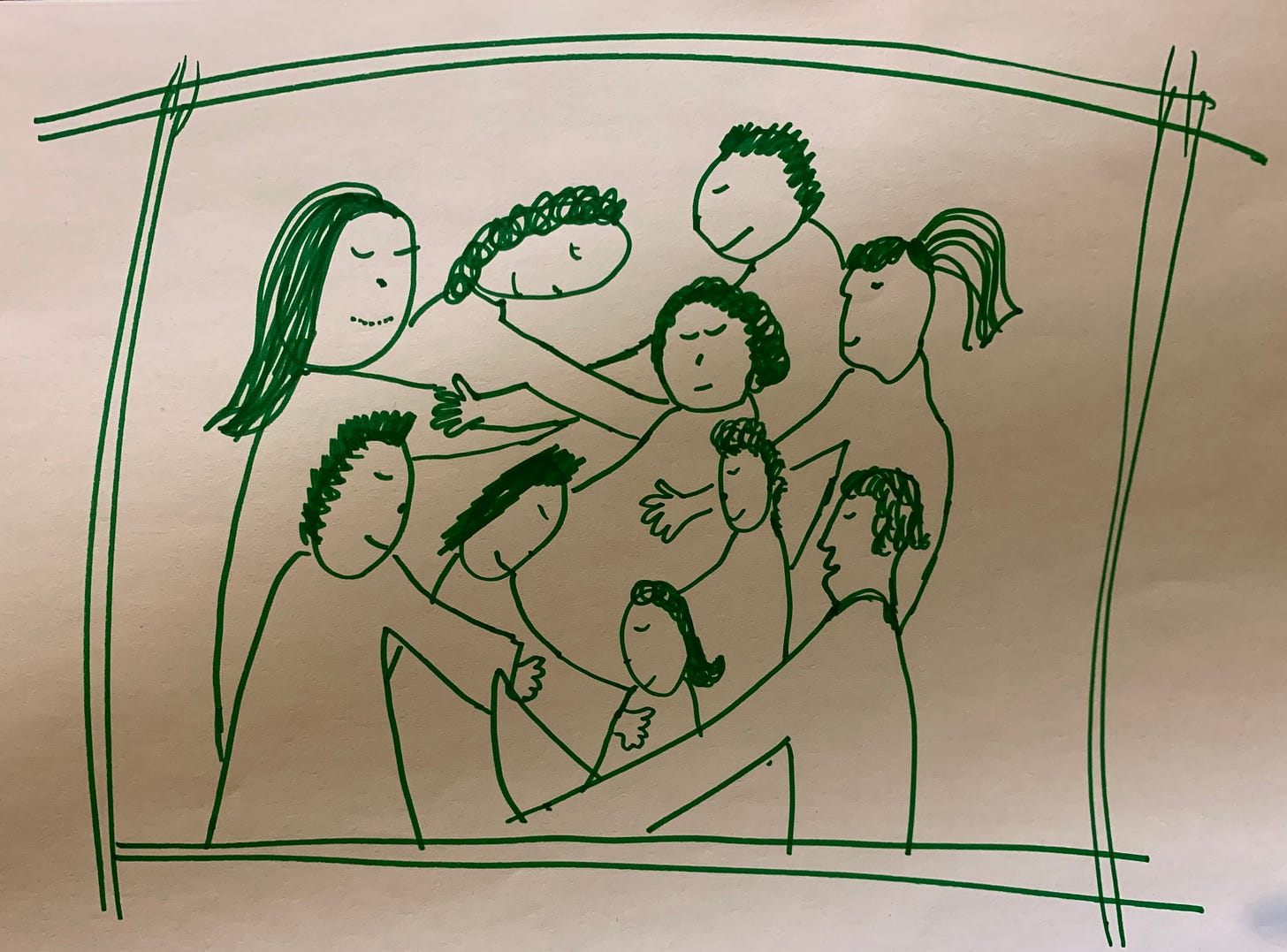 A basic line drawing of 9 people having a group hug