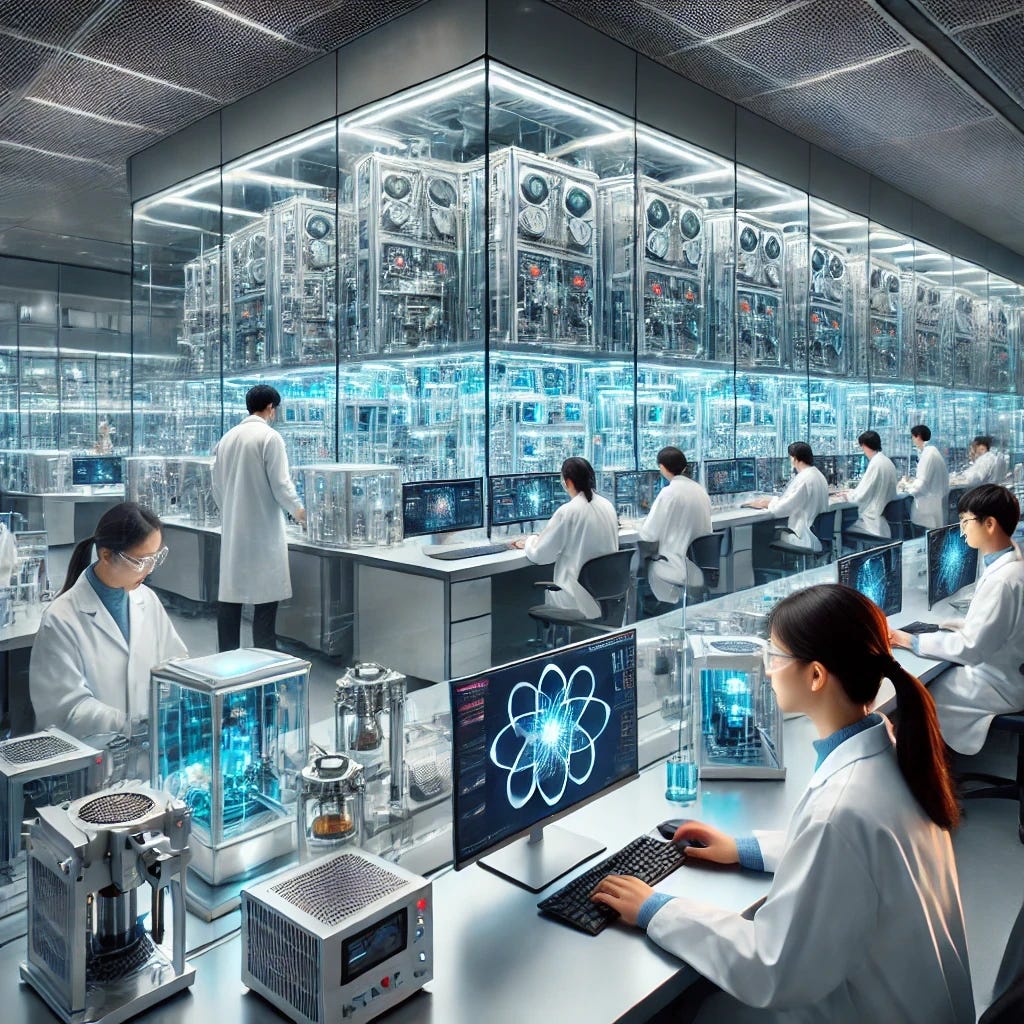 A high-tech laboratory in China focused on quantum computing research. The lab features advanced quantum processors housed in glass enclosures, superconducting circuits, and cryogenic cooling systems. Chinese scientists and engineers in lab coats and protective gear are working with precision instruments and computer interfaces displaying quantum algorithms and data visualizations. The environment is clean, futuristic, and high-tech, with LED lighting, sleek metal surfaces, and no visible signage or text anywhere in the lab. The overall atmosphere reflects cutting-edge innovation and scientific excellence in the field of quantum computing.