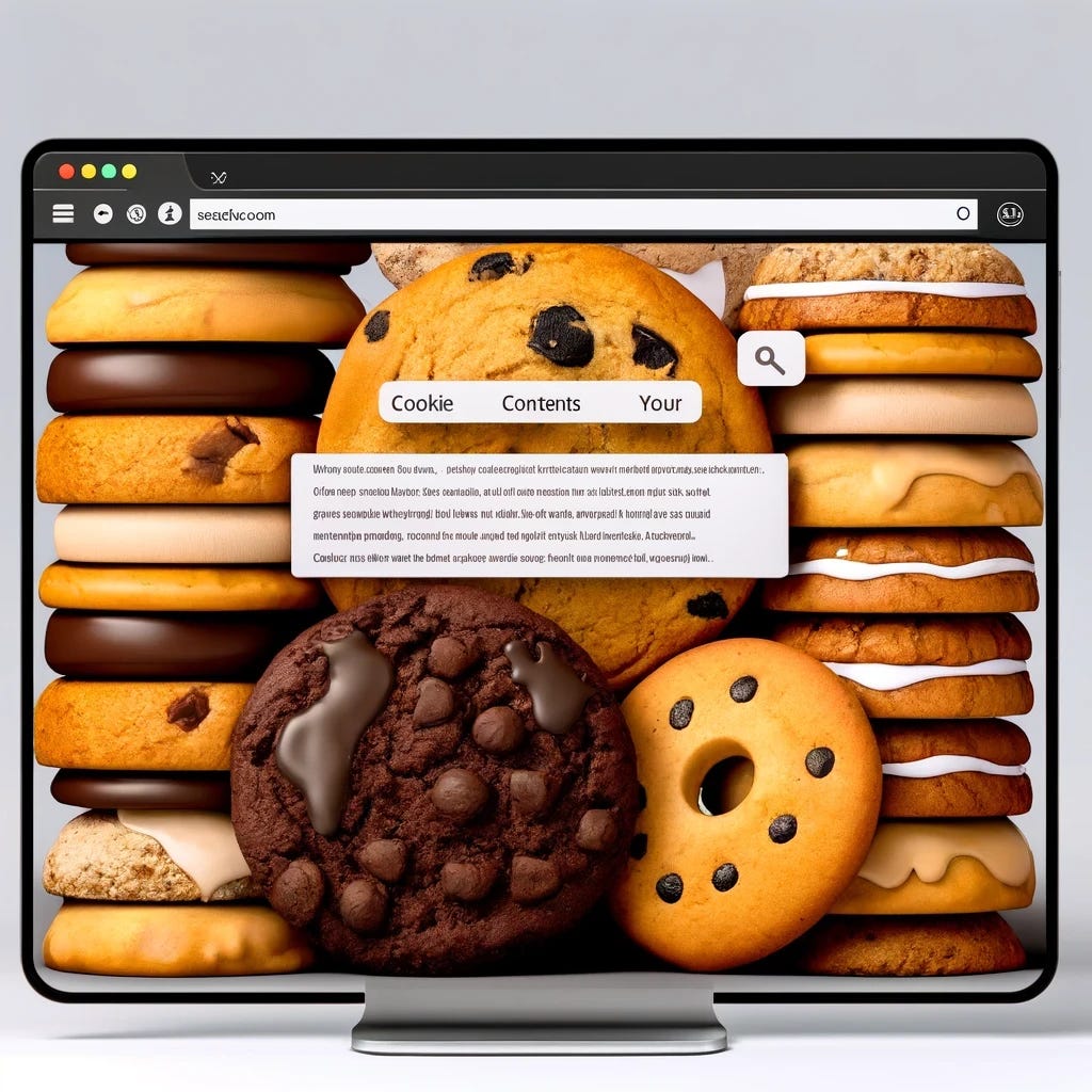 A computer monitor with a webpage up. The webpage has a white box with gibberish text in it. The background is full of cookies.