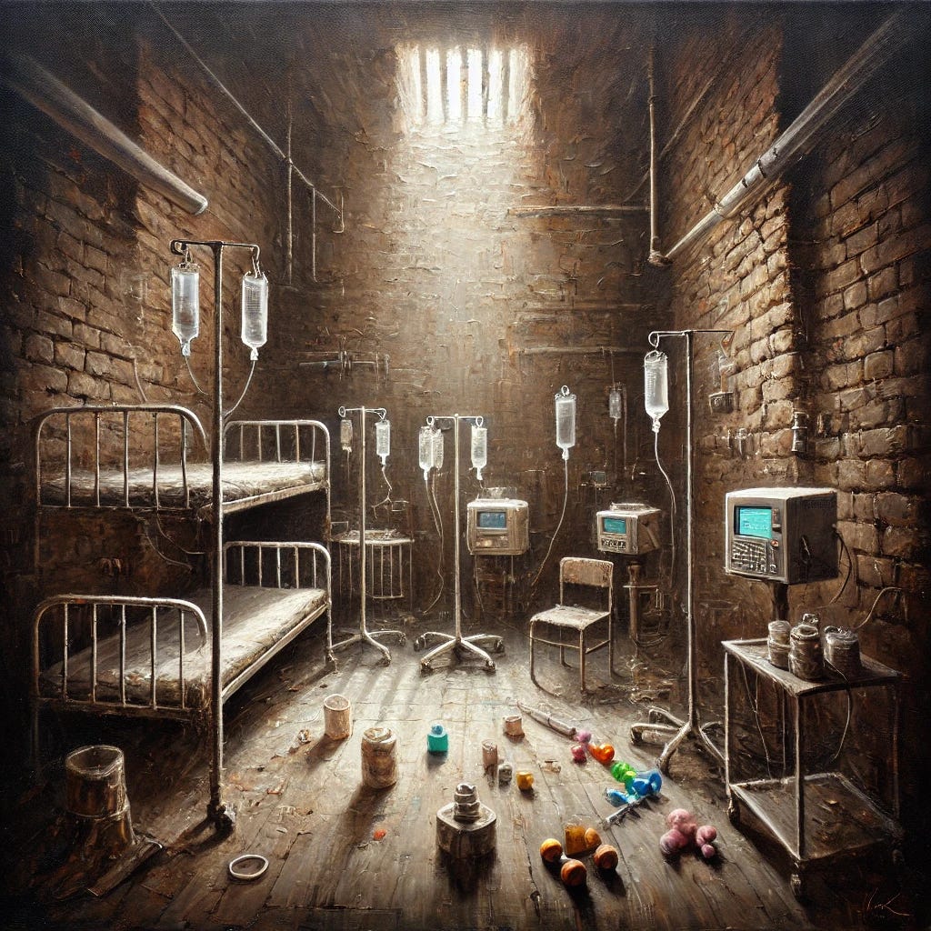 An expressive oil painting depicting a dimly lit, four-story brick interior, symbolizing confinement and institutional care. The scene has medical equipment like syringes, IV tubes, and feeding equipment, suggesting a clinical atmosphere. Scattered toys are seen in muted colors, adding a soft contrast to the sterile environment. A faint light shines through a window, representing a glimmer of hope amidst a dark, oppressive setting. The overall tone is somber with subdued hues, using rich textures and dramatic shading to emphasize struggle and resilience. No human figures are present, focusing on objects that evoke the life within the institution.