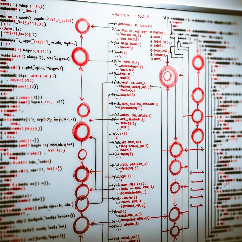 A cleaner and more aesthetically pleasing close-up of a whiteboard filled with organized lines of code. There are neat, clear circles drawn in red marker, emphasizing specific areas where a pattern in bugs has been identified across two distinct flows in different codebases. The focus is on the clarity of the red circled sections, indicating a methodical approach to problem-solving and debugging by a programmer. The overall image should convey a sense of order and precision, making it visually appealing while still highlighting critical analysis.