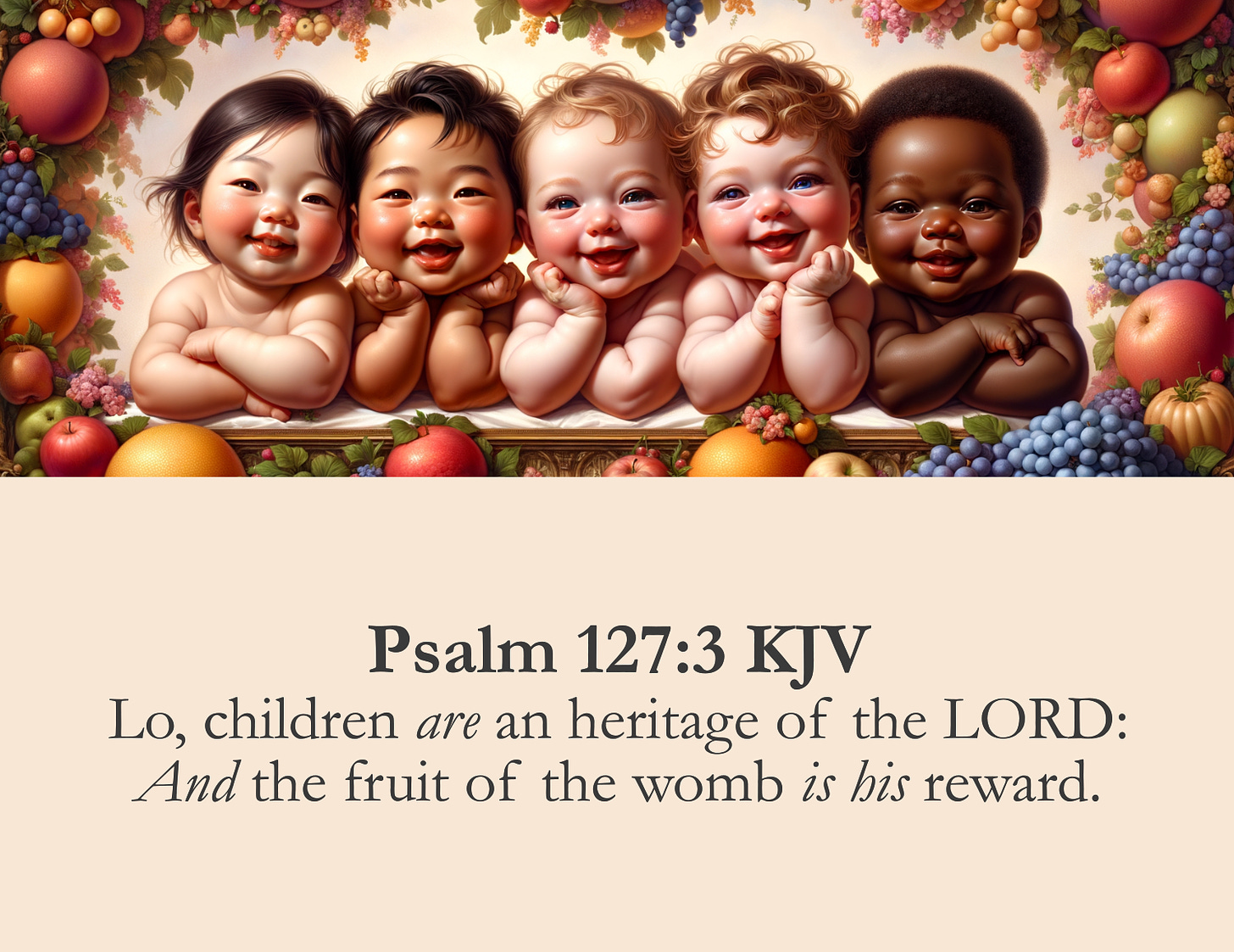 This image portrays five smiling, laughing babies of diverse ethnicities nestled among an abundant display of fruits like apples, grapes, and pumpkins or gourds. The text below quotes Psalm 127:3 from the King James Version of the Bible, describing children as a heritage and reward from the Lord. The warm, vibrant colors and joyful expressions of the babies create a celebratory depiction of the preciousness of new life and children, using the lush fruit imagery to reinforce this biblical teaching about the blessing that children represent.