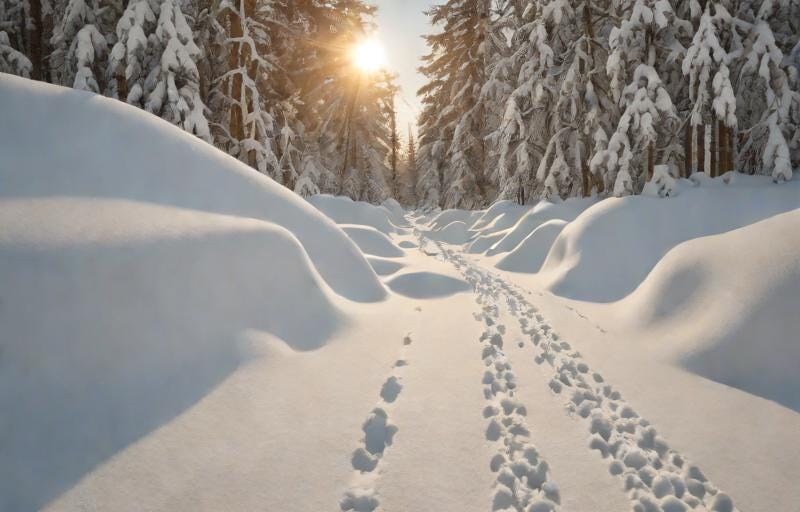 foot path flanked by snow drifts as smooth as a marshmallow