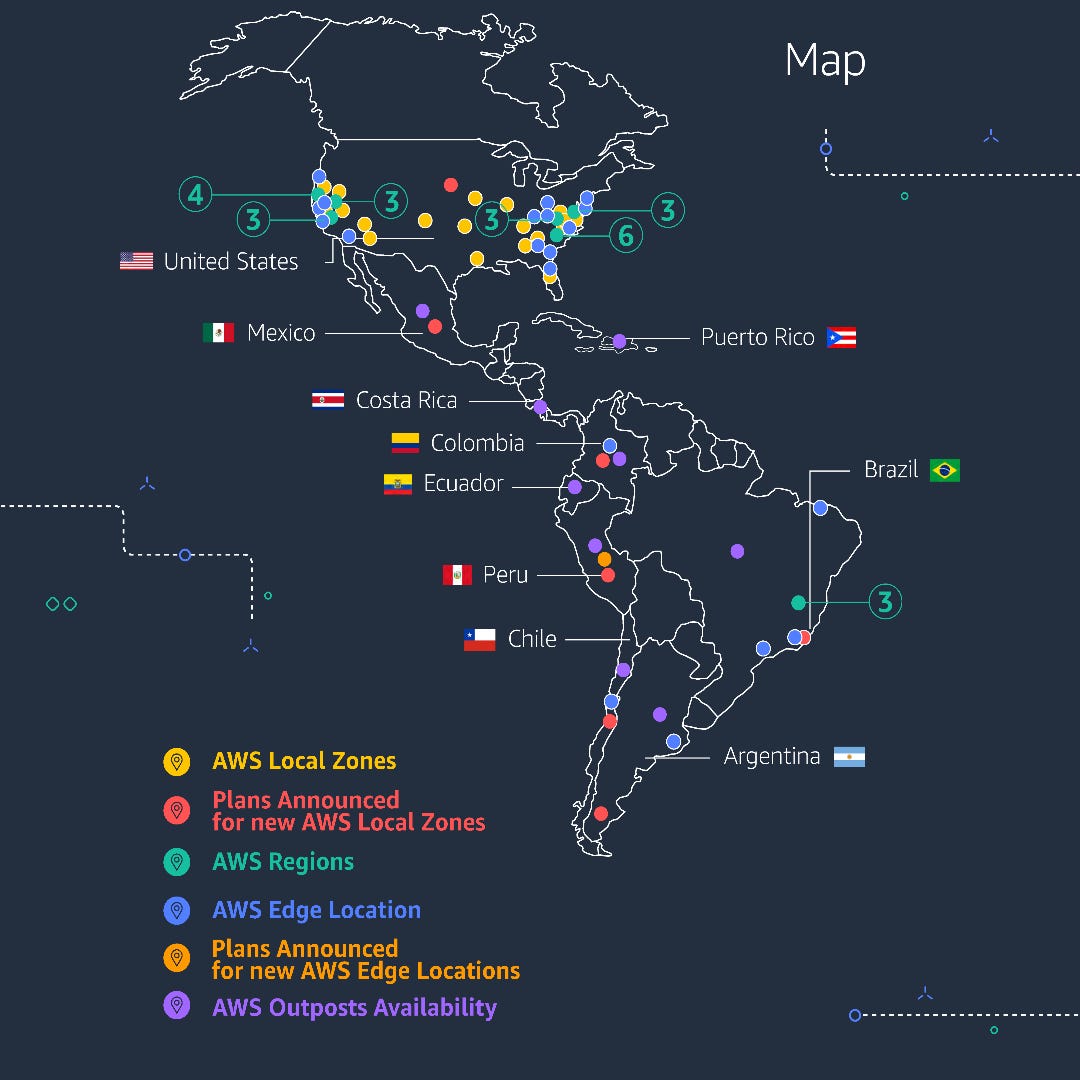 Figure 1. Map of AWS infrastructure, including the locations for the planned AWS Local Zones in Latin America.