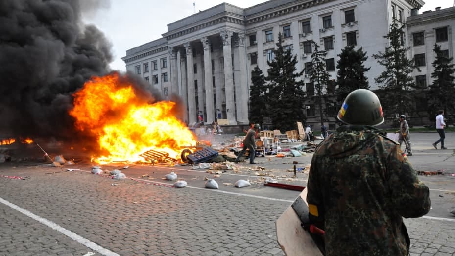 Violence in Odessa as pro-Russian and pro-Ukrainian activists clashed on Friday.
