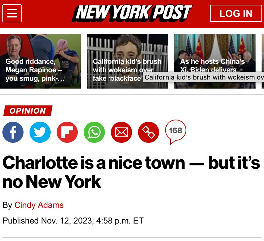 "Charlotte is a nice town -- but it's no New York" headline