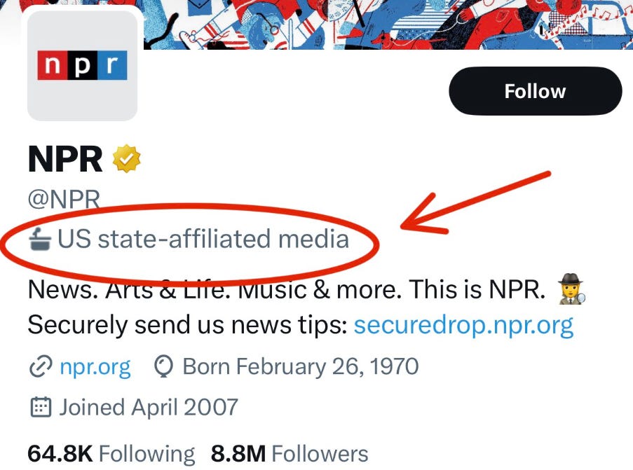 Image of NPR Twitter profile, showing a label added by Twitter that says "US state-affiliated media"