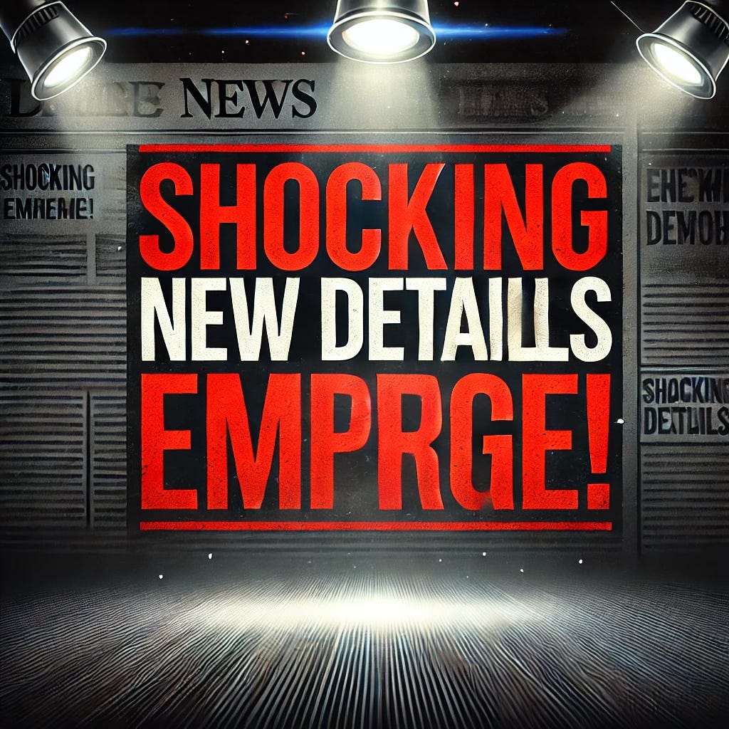 A dramatic news headline with bold red and black text reading 'Shocking New Details Emerge!' set against a dark, mysterious background with blurred newspaper clippings and a spotlight effect. The design should feel urgent and breaking-news style.