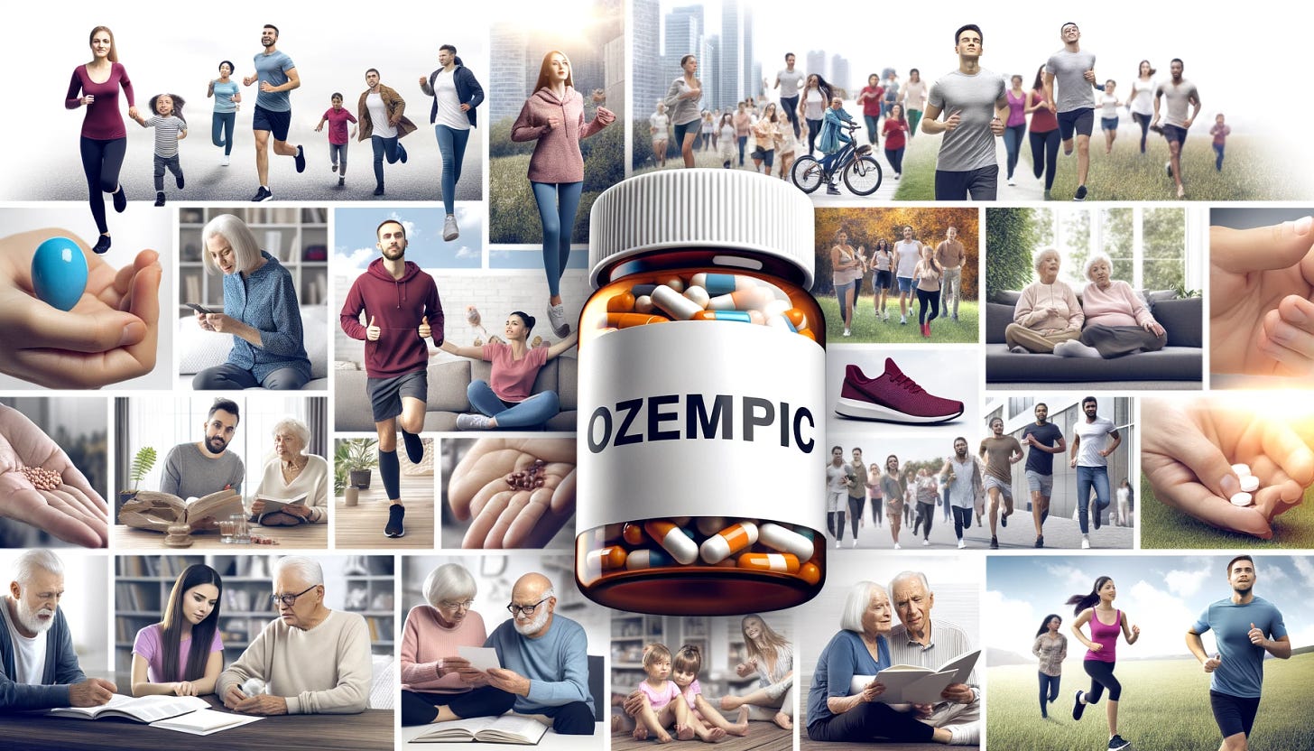 Photo collage showing a diverse group of people, from young to elderly, engaging in various activities like jogging, reading, and spending time with family. The central image is of a pill bottle labeled 'Ozempic', symbolizing its impact on holistic health.