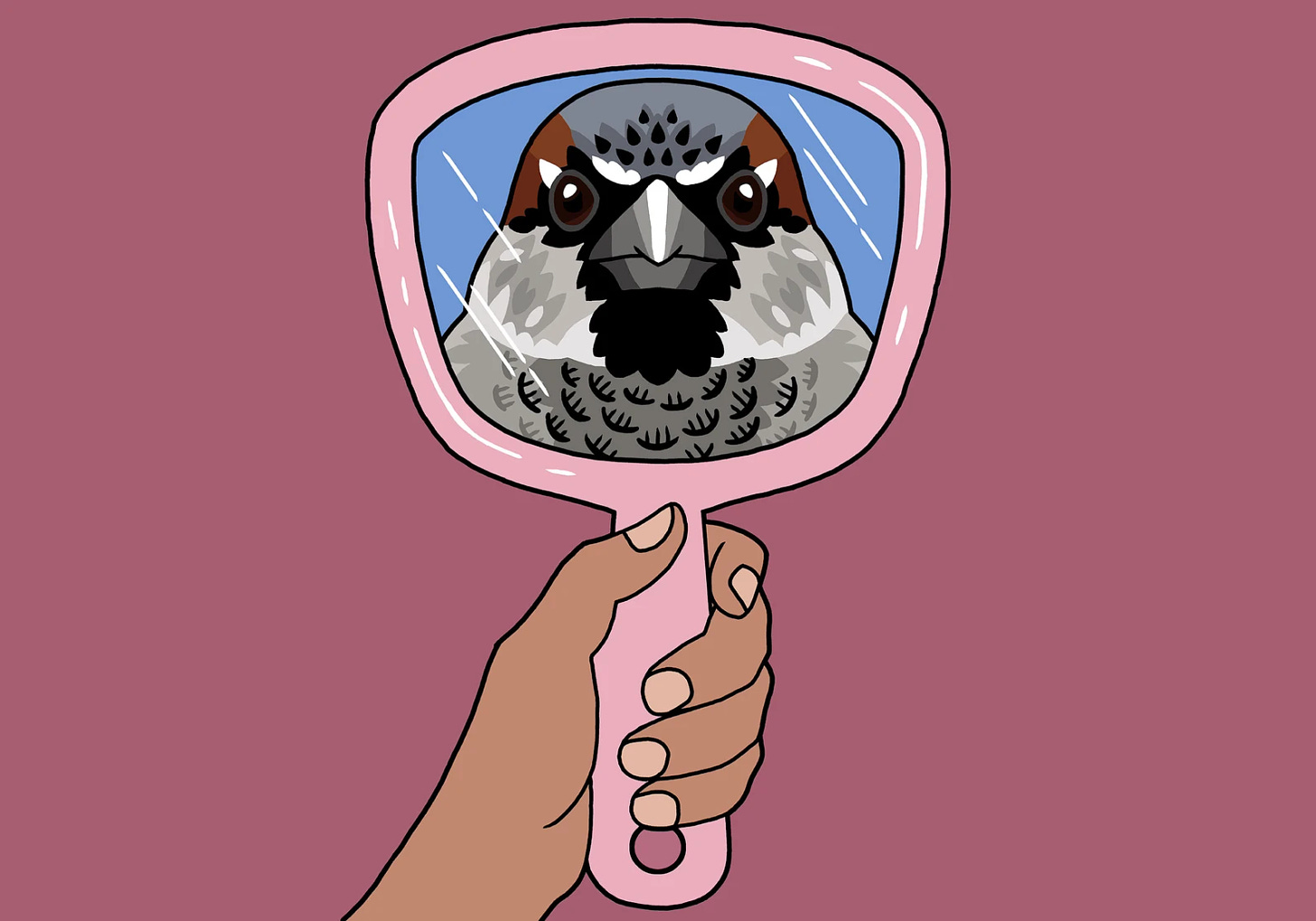 human hand holding a pink mirror, the reflection is a common house sparrow