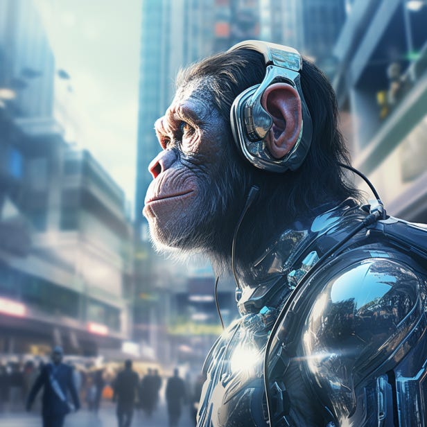 An uplifted chimpanzee marvels at a future urban center.