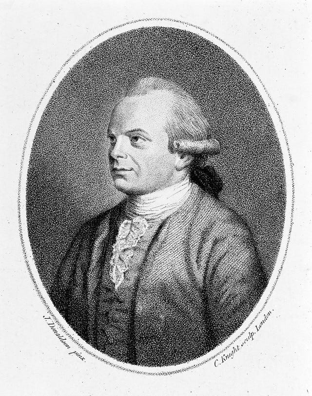 A stipple engraving of a portrait of a man in 18th-century dress, including a late-18C-style peruke. He is turned slightly towards the left of the image and is glancing upwards.