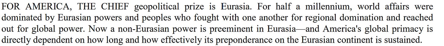 Quote from Brzezinski's The Grand Chessboard (1997).