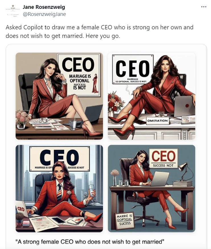 Copilot generates four female CEOs who are strong on their own and don't want to get married. They are all white.