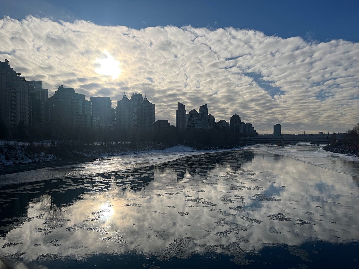 Bow River in winter with fragments of ice on the water and the condos and wispy clouds reflected in the dark water.