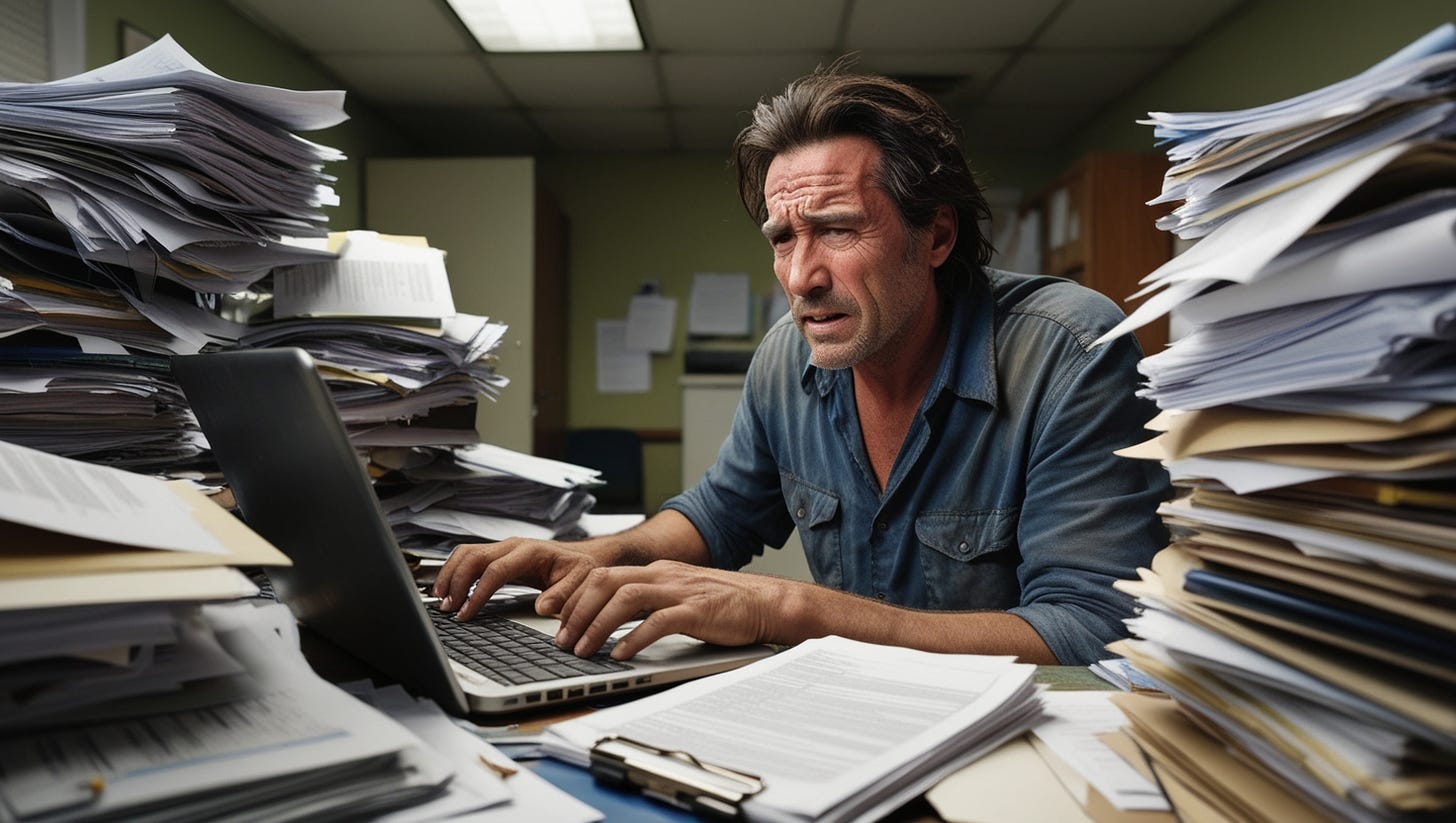 A middle-aged man with a worn, exhausted expression, probably in his late 40s, sits at a cluttered desk, surrounded by piles of papers, files, and job listings, his eyes fixed on a laptop screen with a mixture of frustration and desperation, his dark brown hair disheveled, and his unshaven face hints at a sense of urgency, his worn jeans and faded blue shirt suggest a long day of searching, the fluorescent light above casts an unflattering glare, illuminating the fine lines and wrinkles on his forehead, as he intensely searches for a job, his fingers typing away at the keyboard with a sense of urgency.