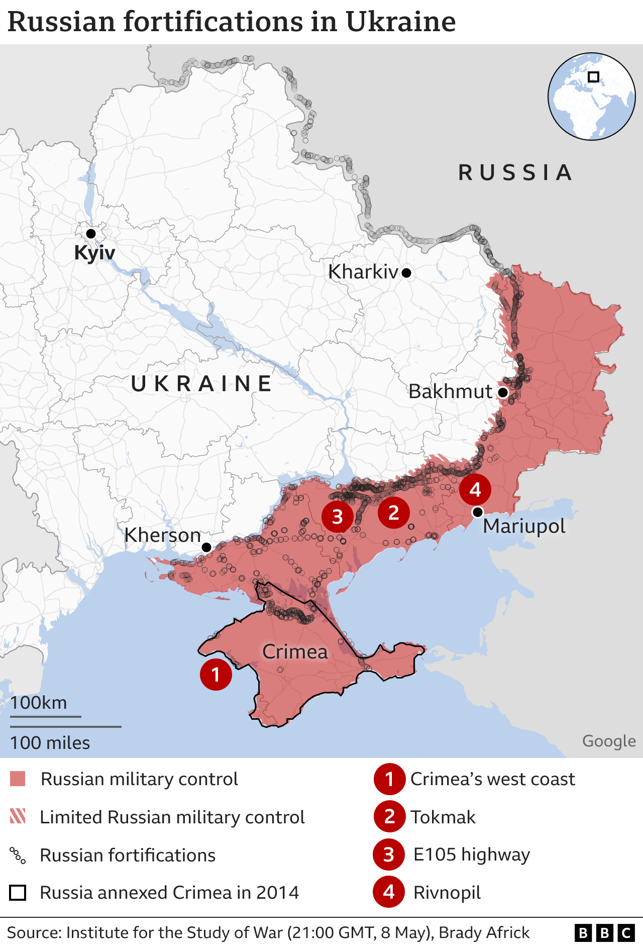 Map showing Russian-controlled areas in Ukraine, with a dense network of trenches marked across the front line and deep into southern Ukraine.