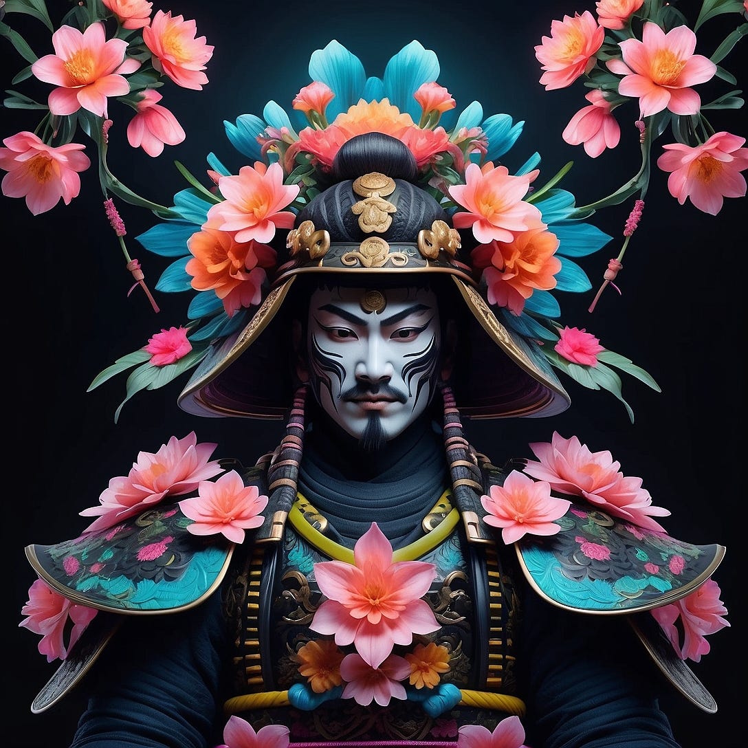 Samurai blooming like flowers, ornate symmetrical patterns, delicate details, color gradients, black background, glowing, neon light