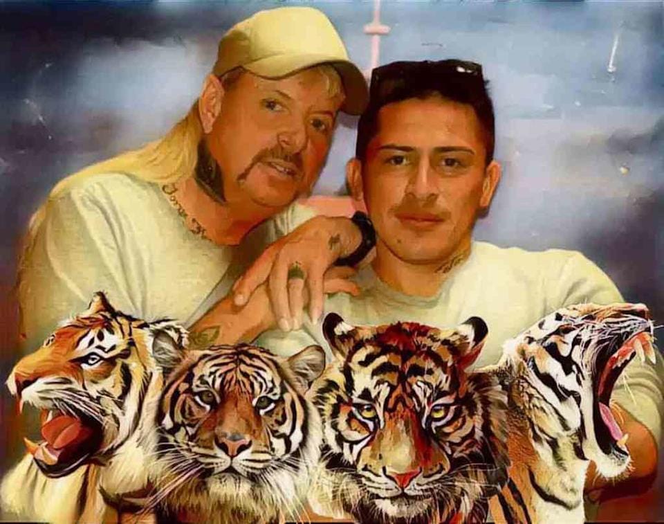 A painting of Joe Exoctic, his husband, and four tigers