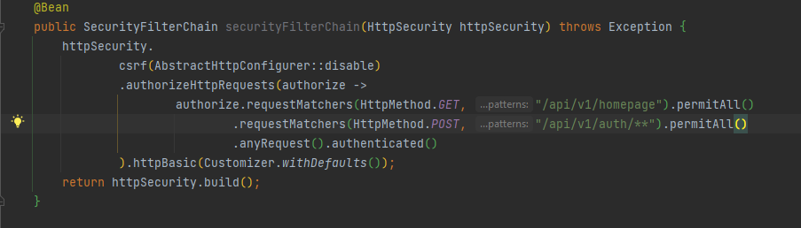A figure of the SecurityFilterChain showing authentication on different endpoints