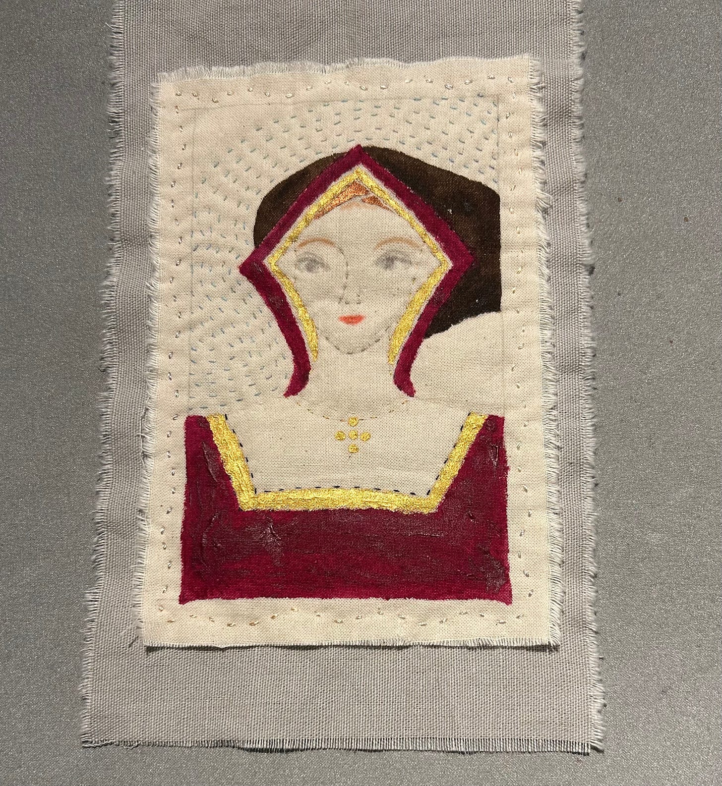 A stitched portrait of Jane Seymour wearing dark red. 