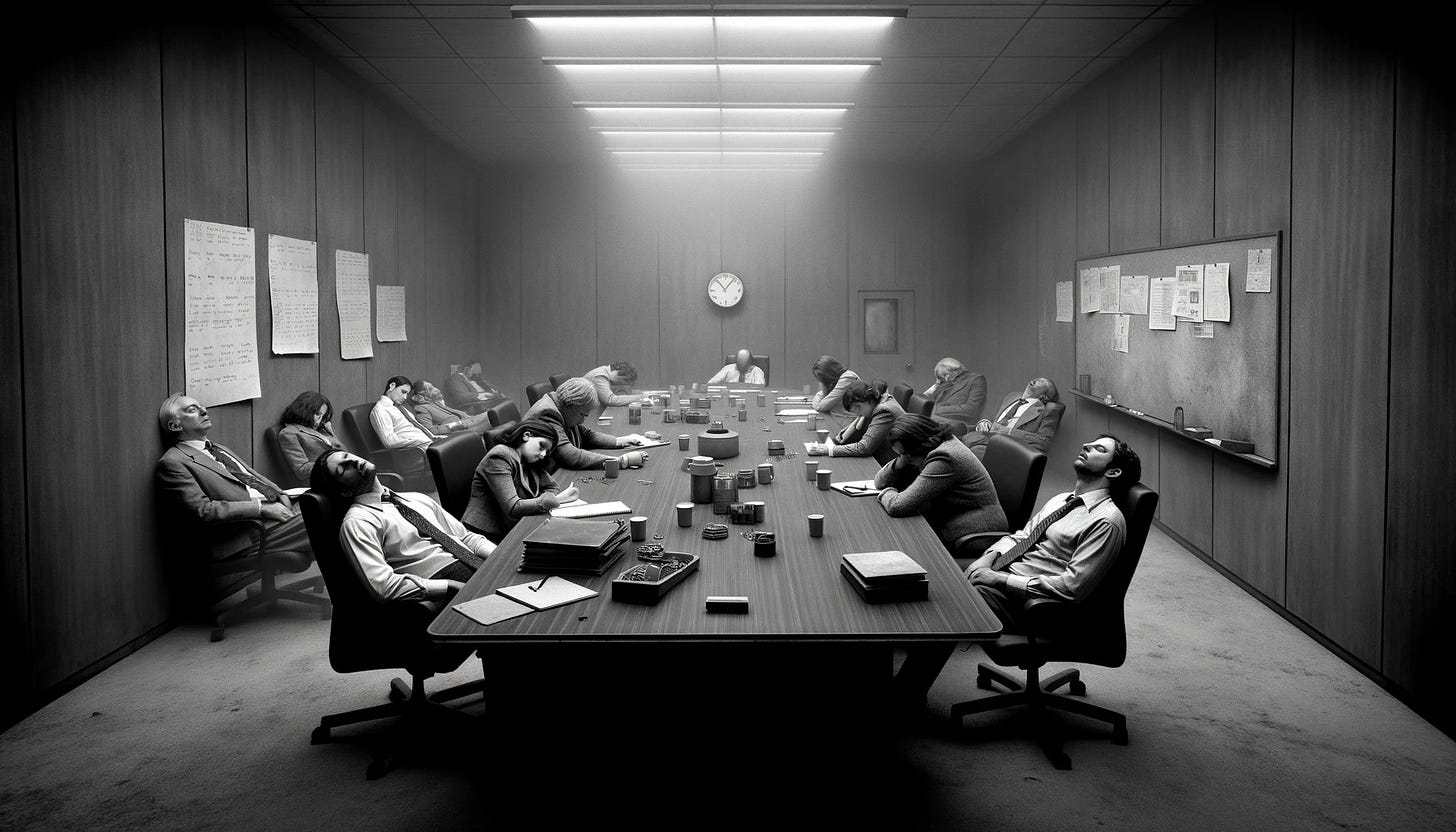 A black and white image of a conference room with people in business attire, either asleep or staring blankly, embodying extreme boredom.