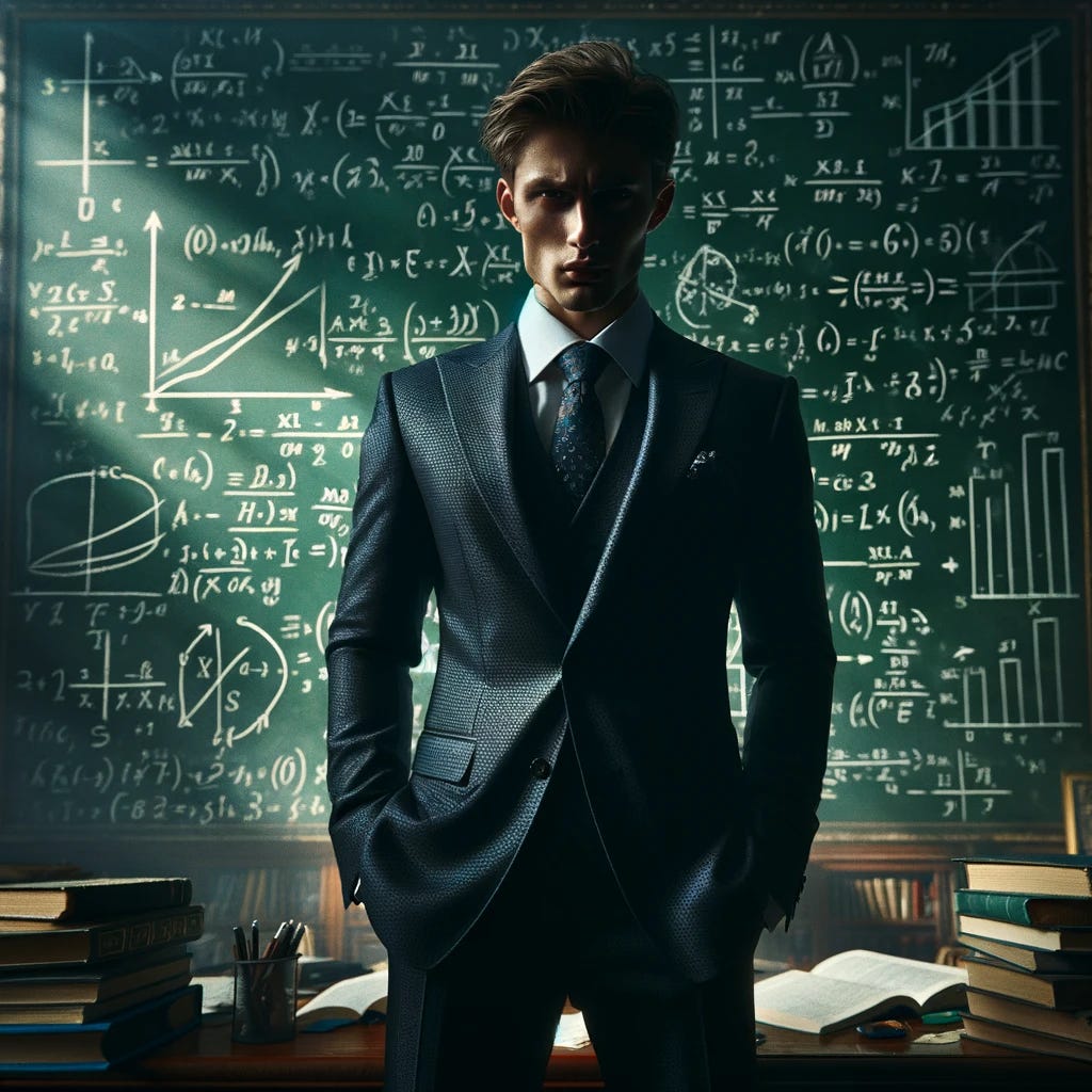 The young man in the suit now exudes a more dominant and confident aura, standing with an unmistakable alpha presence in front of the chalkboard. His posture is commanding, with shoulders back and head held high, projecting authority and self-assurance. He is surrounded by the complex mathematical equations and symbols related to international markets and trade, but his demeanor suggests that he is more than capable of mastering these challenges. The chaotic library setting with books on economics, finance, and global commerce only serves to highlight his leadership qualities. His gaze is focused and piercing, engaging directly with the problems before him as if ready to conquer the world of international trade and economics. This scene emphasizes the young man's powerful persona, blending academic brilliance with a strong, assertive character.