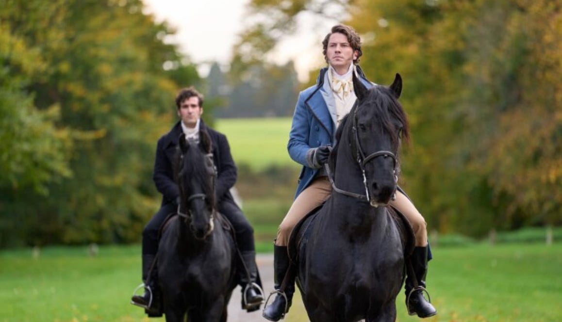 Two men in Regency dress on horseback.