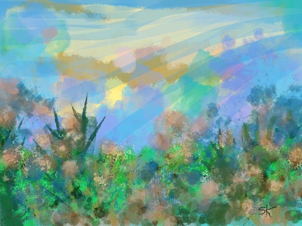 Landscape painting by Sherry Killam Arts showing soft pastel colors of a hillside and the sky.