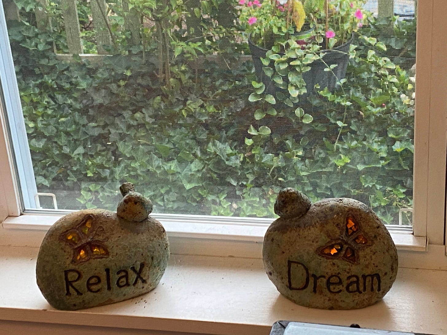 two stones with words relax and sleep in a window with green bushes outside