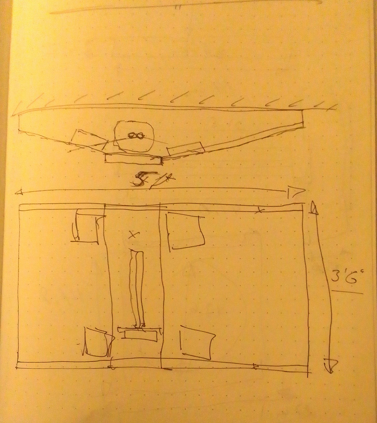 Rough scetch of upper-room UV fixture showing UV light in upward-angled duct against ceiling
