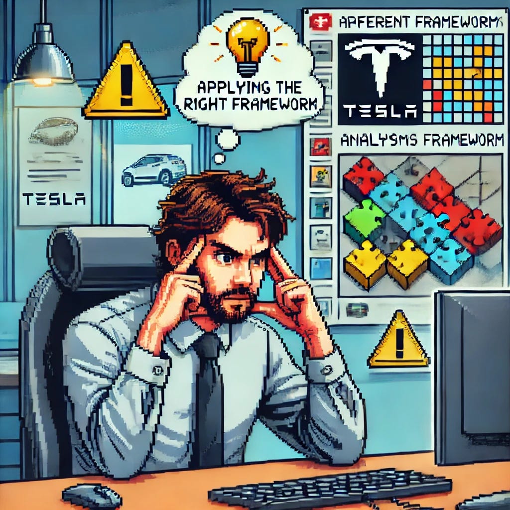 A pixel art style image of an analyst in a modern office, intently focused on a computer screen displaying an analysis of Tesla. The analyst has both hands on his face, with a concentrated expression, furrowing his brow as he reads. Above his head, there is a thought bubble with symbols representing a framework, like puzzle pieces or interconnected gears, symbolizing his focus on applying the right framework. The scene includes two documents beside him labeled as different frameworks, one marked with a warning symbol, indicating a risk of using the wrong approach. The background is a modern office in a 16-bit pixel art style with vibrant colors.