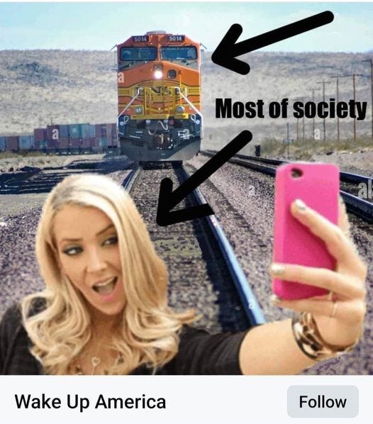 May be an image of 1 person, train, railroad and text that says '014 a Most of society Wake Up . America Follow'
