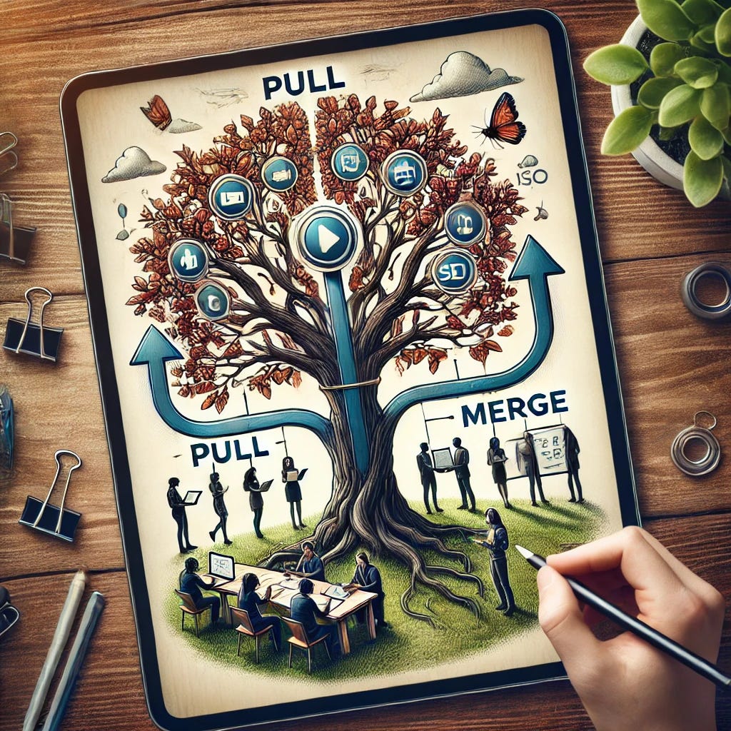 Design an illustration of a tree with branches representing 'Pull' and 'Merge.' Place a marketing team around the tree, working on tasks like social media content and SEO strategies. Use arrows to depict the process from 'Pull' to 'Merge.' Capture the scene with a Canon TS-E 17mm f/4L Tilt-Shift lens for a wide-angle view, set at f/8 for moderate depth of field, with a shutter speed of 1/250s to avoid motion blur, and an ISO setting of 200 for a clear, well-lit image. Use a warm white balance and high contrast to enhance the image's clarity and engagement.