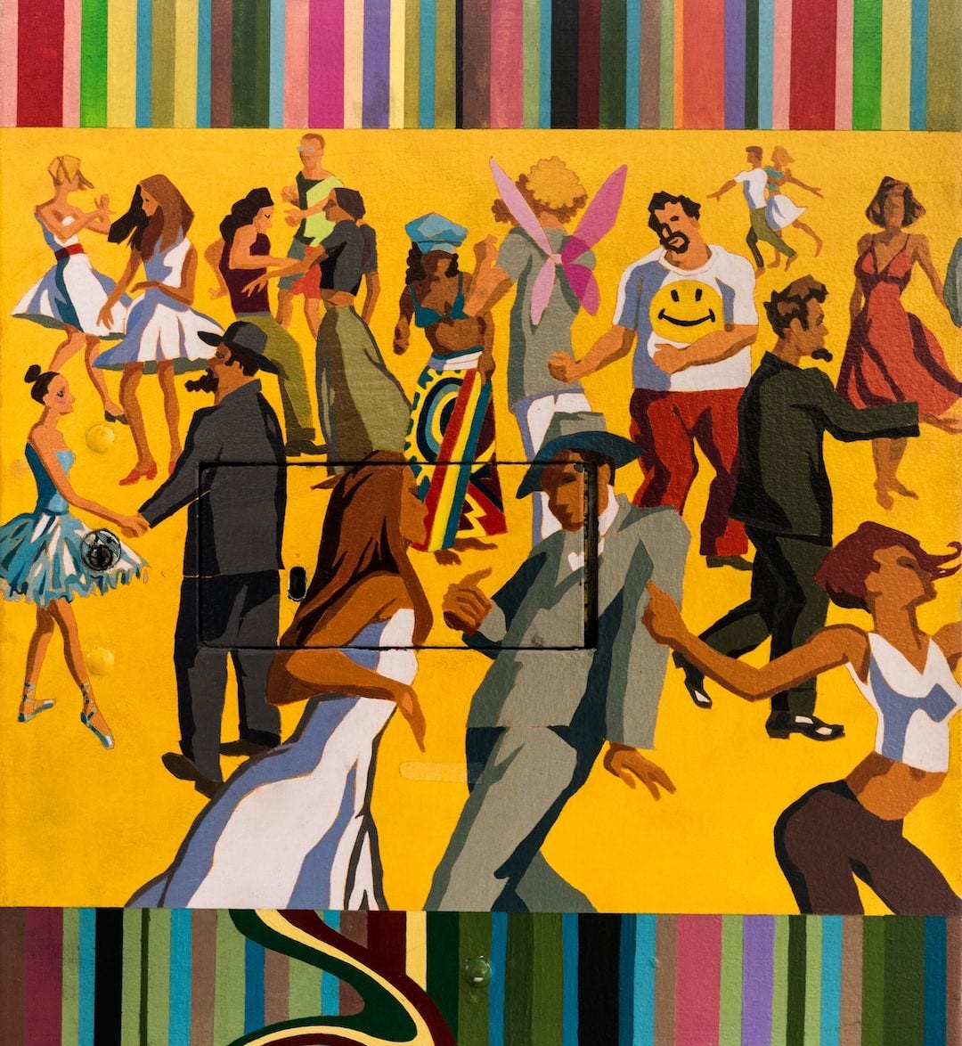 Vibrant, colorful array featuring a diverse group of people dancing with each other