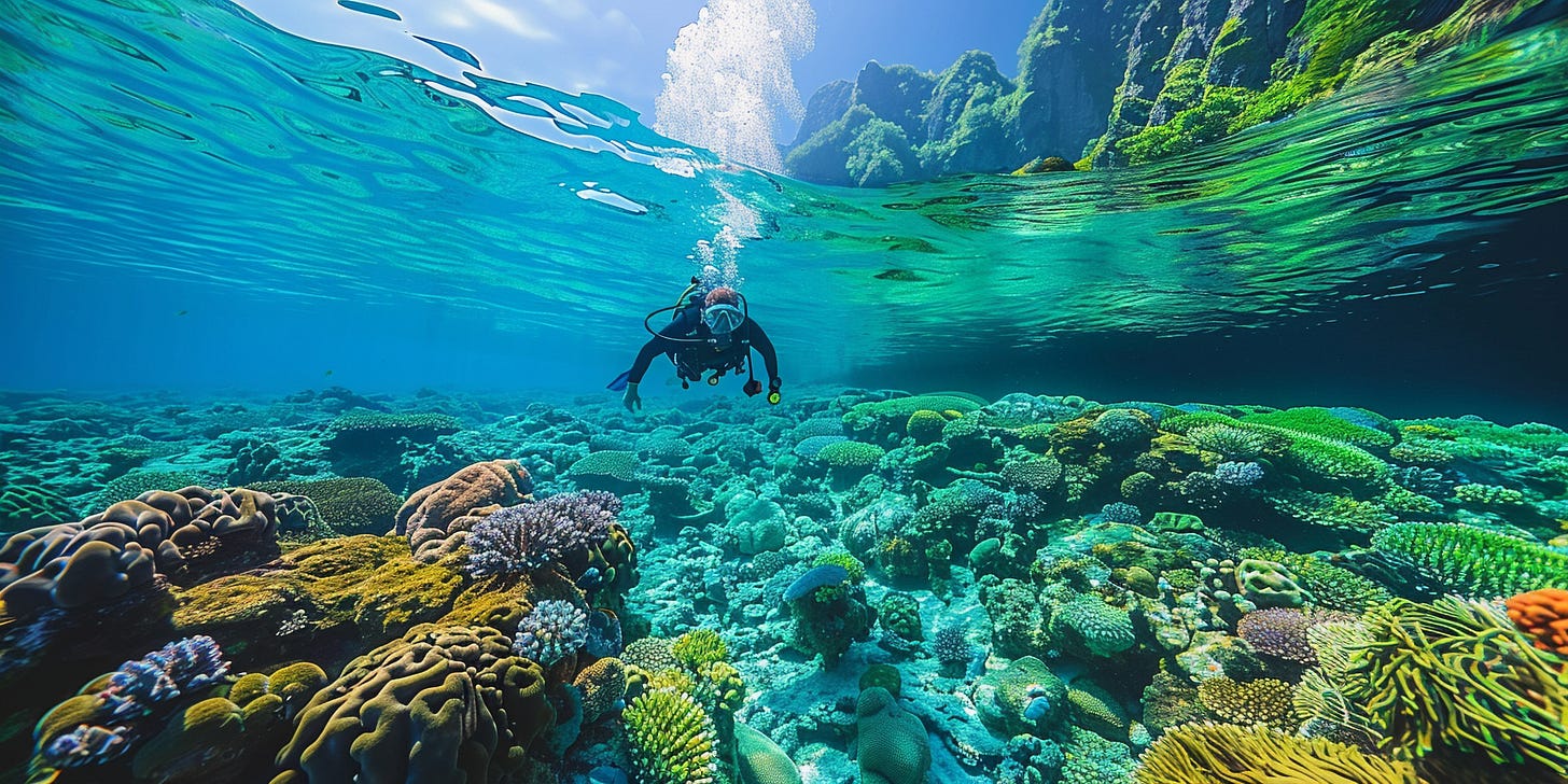 A person enjoying snorkeling around the beautiful coral reefs in Maldives ocean.