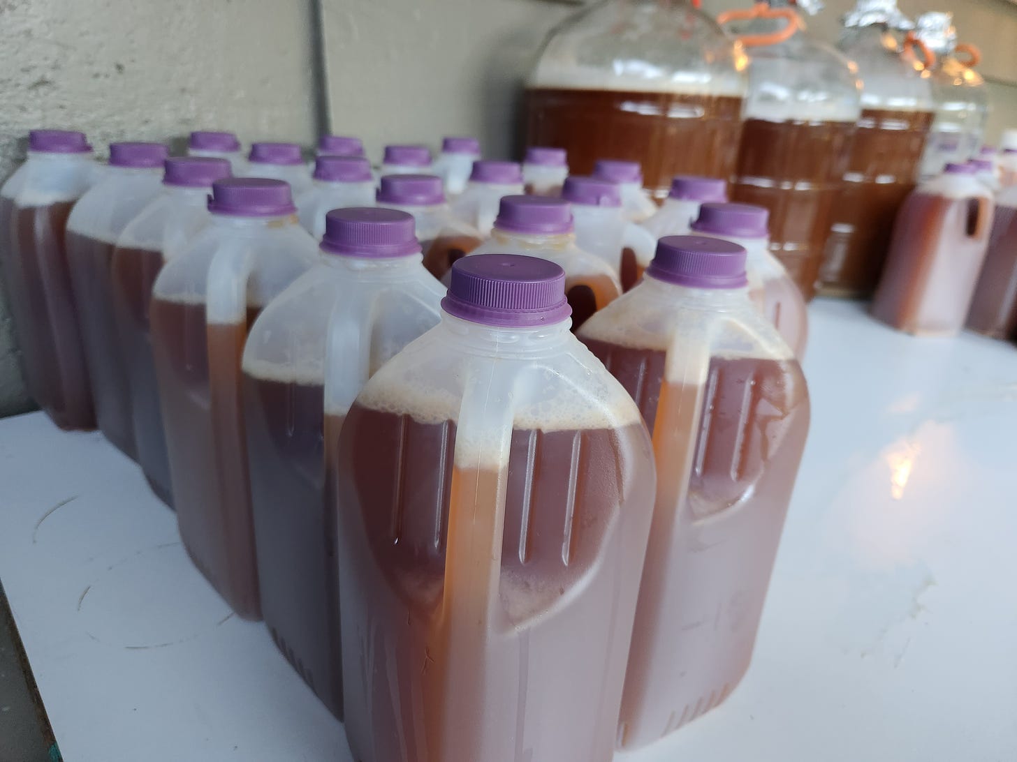 plastic jugs of cider with purple caps