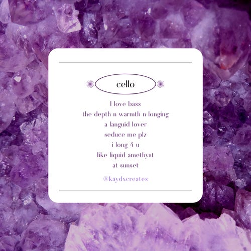 cello. poem by Kaydx on an image of amethyst.