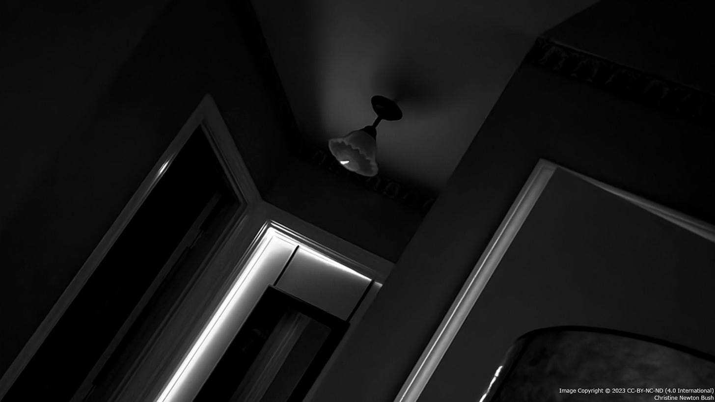 Grayscale photograph (with Dutch angle) of a dark interior room where sunlight seeps through a door slightly ajar.