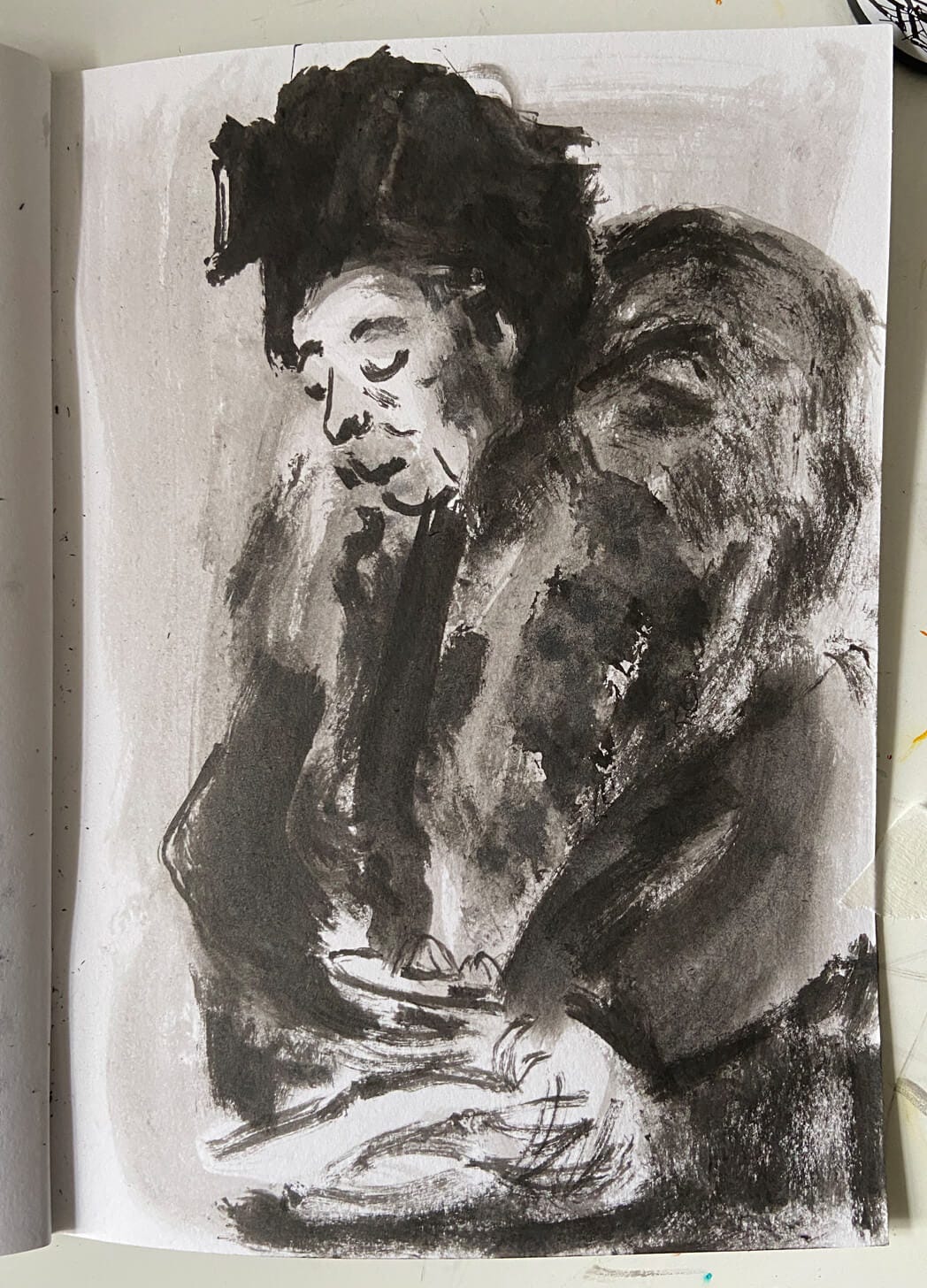 Loose expressive and textured drawing in ink of an older lady in large hat and coat with big collar looking down while holding a plate. Ink drawing by Nanette Regan