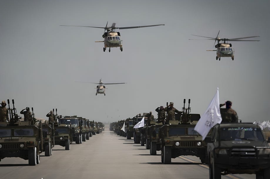 Taliban fighters parade U.S. military vehicles and helicopters.