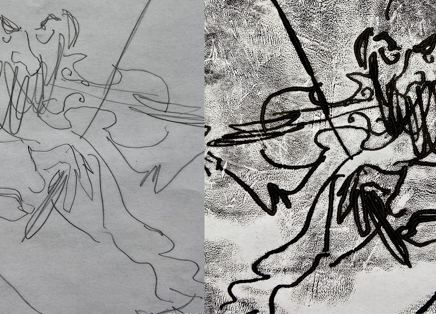 Comparison of monoprint lines and pencil lines on the reverse of the same paper. By illustrator Nanette Regan