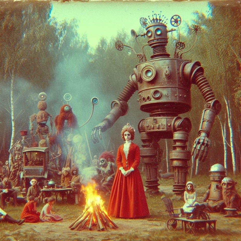 r/weirddalle - Victorian camping robots