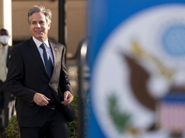 US Secretary of State Antony Blinken arrives to speak to employees at the US Embassy in Dakar, on November 20, 2021, as part of Blinken's five day trip to Kenya, Nigeria, and Senegal. (Photo by Andrew Harnik / POOL / AFP) (Photo by ANDREW HARNIK/POOL/AFP via Getty Images)