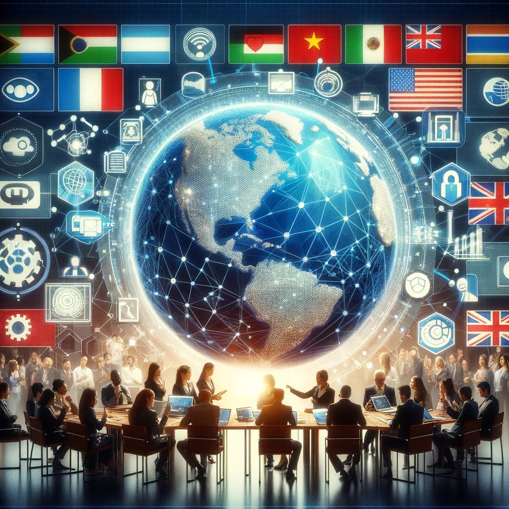 A conceptual image depicting the urgent need to update and unify global regulations on the use of digital technology and artificial intelligence. The scene shows a large digital globe surrounded by various national flags and digital icons representing different technologies like computers, robots, and networks. In the foreground, a diverse group of people (Asian, African, Caucasian) are engaged in discussion, pointing at the globe and various documents. The atmosphere is serious and focused, emphasizing the global impact and urgency of the topic.