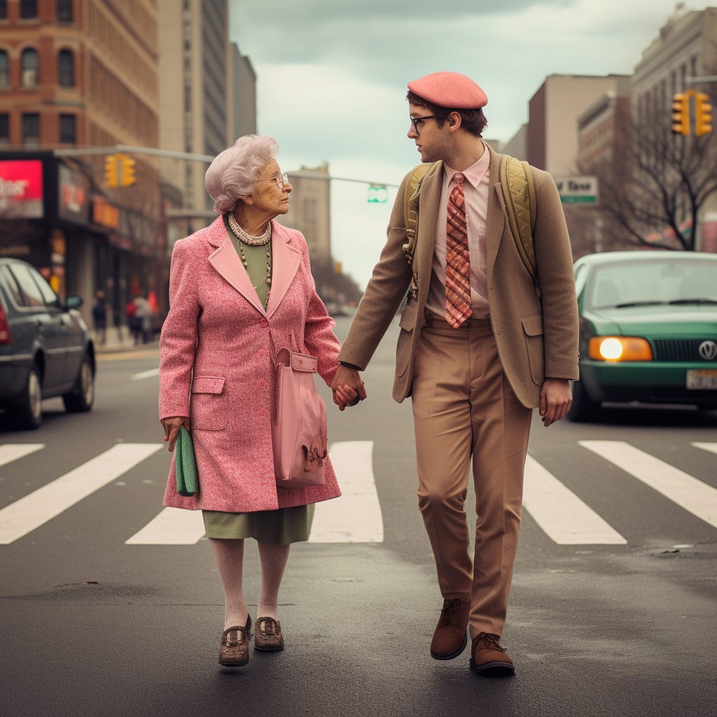 man holding old lady's hand and crossing the street